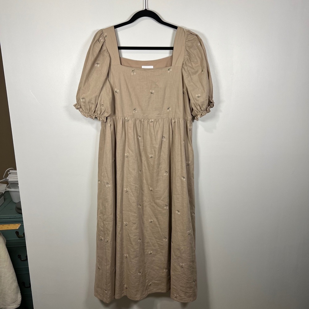 Things Between Womens Embroidered Linen Blend Puff Sleeve Midi Dress Tan L